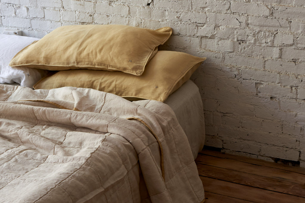 Simple Linen Quilt Chalk With Ochre Binding Two Dawson