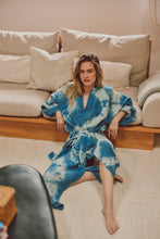 Hand Dyed Full Length Linen Robe in Shibori, Indigo