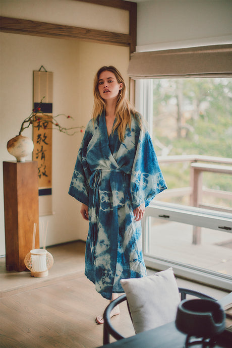 Hand Dyed Full Length Linen Robe in Shibori, Indigo